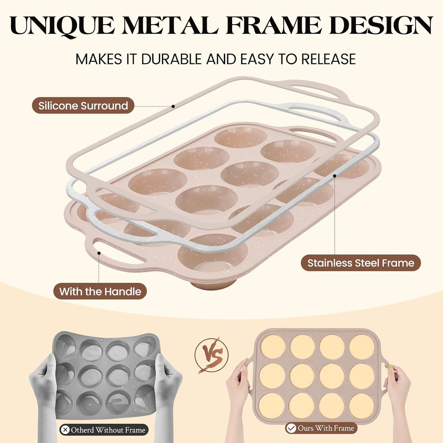 Vinino 2Pack Silicone Muffin Pans for Baking with Metal Reinforced Frame, 12 Cups Regular Size Nonstick Silicone Cupcake Pan, BPA Free Oven Dishwasher Safe Baking Mold for Muffins Cupcakes