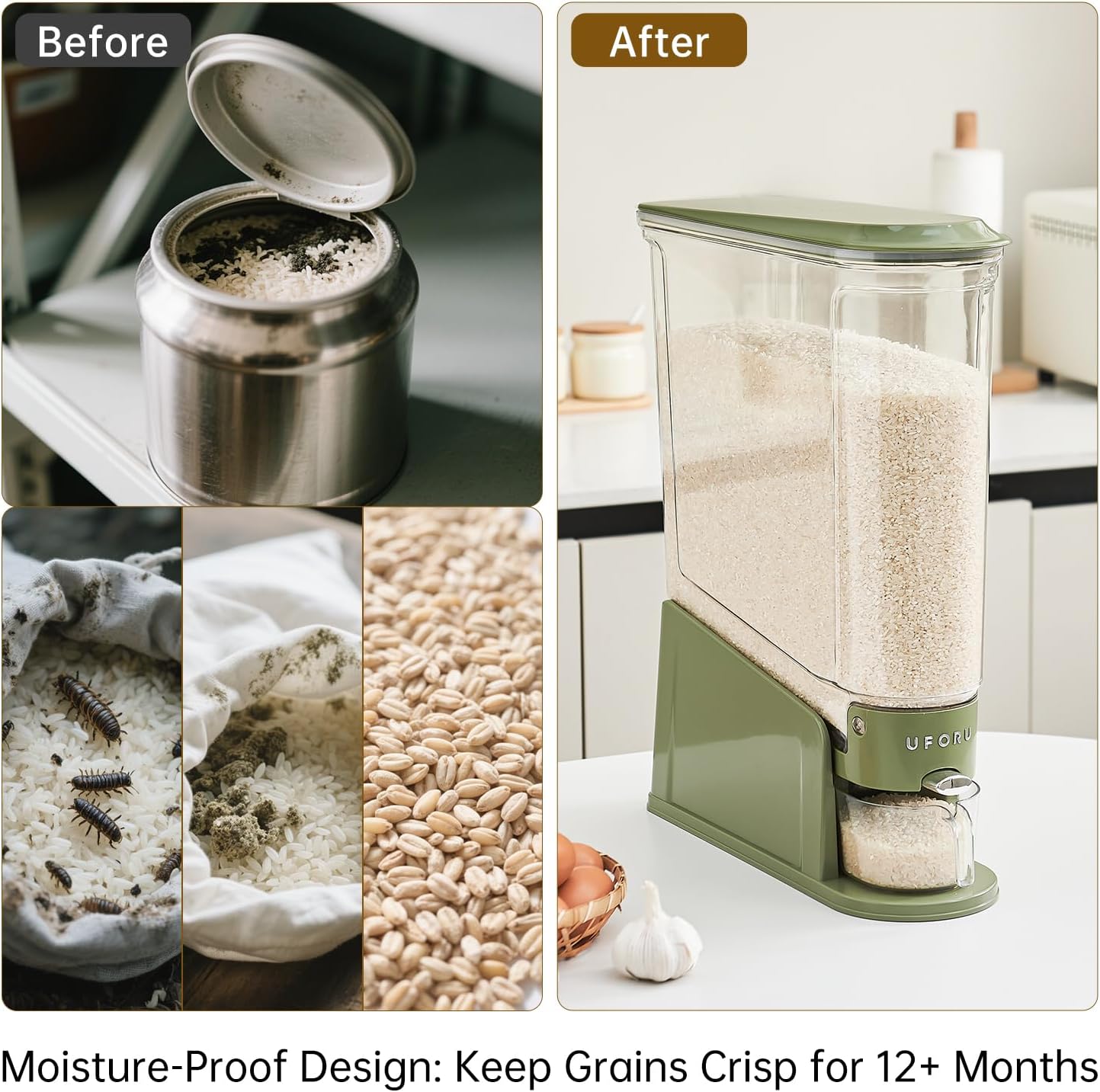 UFORU Rice Dispenser 11Lbs, Slim Rice Storage Container for Small Space, BPA-Free Clear Dry Food Dispenser Sealed Moisture Proof, Grain&Cereal Storage Bucket for Kitchen Pantry Household, Cream White