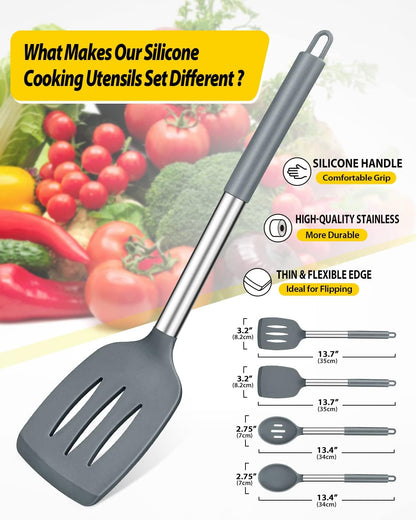 Pack of 4 Silicone Cooking Utensils Set, Non Stick Large Solid Spatulas, Heat Resistant Black Slotted Spoons, Ideal BPA Free Kitchen Turners for Frying, Mixing,Serving,Draining,Turning,Stirring
