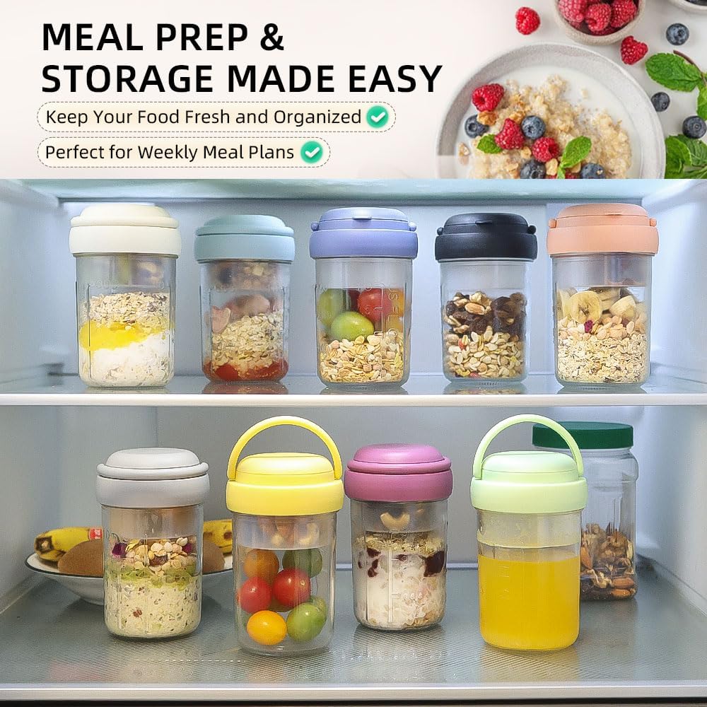 2 Pack Overnight Oats Containers with Lids and Handles, Folding Spoons & Divided Compartments for Fruit & Nuts, 16oz Mason Jars for Oatmeal Yogurt Container Chia Pudding Jars with lids (Cream 2pcs)