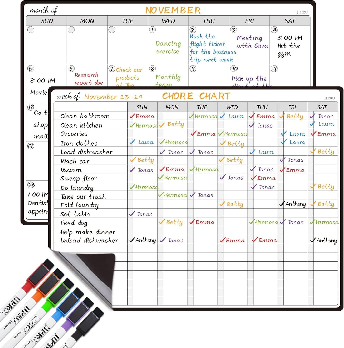 JJPRO Magnetic Monthly Calendar Whiteboard Set for Refrigerator-Monthly Planning Board, Weekly Menu Planner and to Do List for Fridge with 6 Markers-14.5" x11