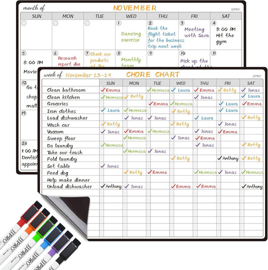 JJPRO Magnetic Monthly Calendar Whiteboard Set for Refrigerator-Monthly Planning Board, Weekly Menu Planner and to Do List for Fridge with 6 Markers-14.5" x11