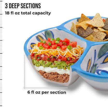 Ceramic Chip & Dip Bowl 7.5”, 3-Compartment Divided Serving Dish & Condiment Tray for Appetizers – Handmade in Spain, Lead-Free Glaze, Microwave, Oven & Dishwasher Safe