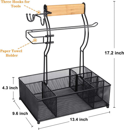 FANGSUN Grill Caddy, BBQ Caddy with Paper Towel Holder, Picnic Condiment Utensil Caddy for Outdoor Camping, Barbecue Accessories Storage Organizer for Griddle Grilling Tools, RV Patio Camper Must-Have