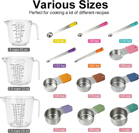 Stainless Steel Measuring Cups and Spoons Set, 7 Magnetic Measuring Cups, 5 Metal Measuring Teaspoons, 3 Plastic Measuring Cups for Kitchen Cooking & Baking, Dry & Liquid Ingredients
