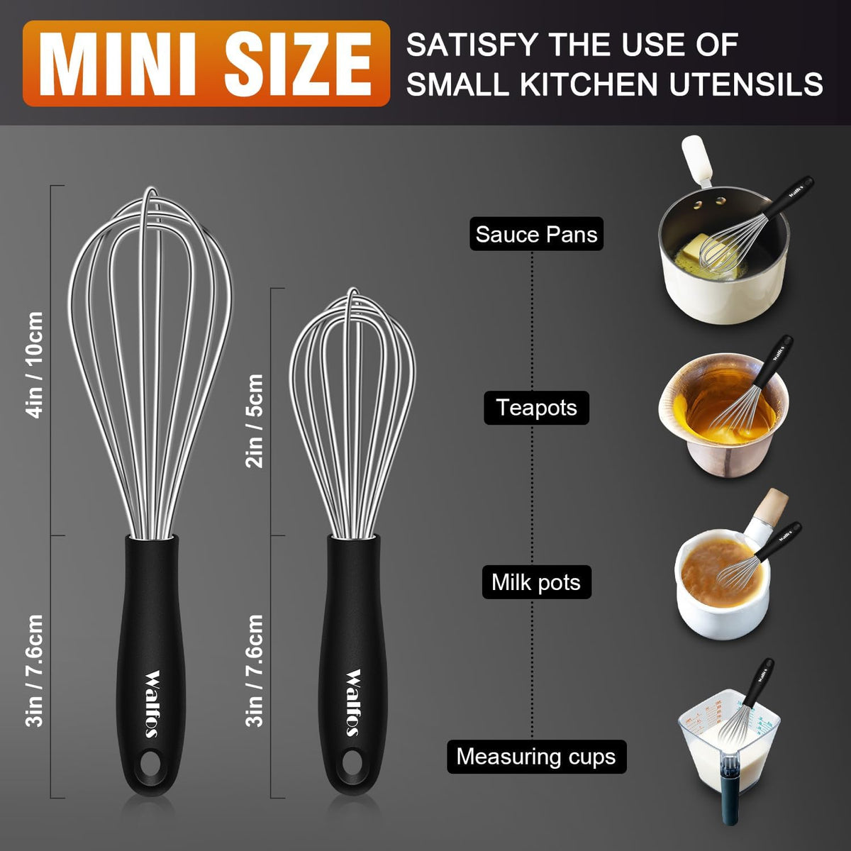 Walfos Silicone Whisk,Stainless Steel Wire Whisk -Heat Resistant 480°F Kitchen Whisks for Non-stick Cookware,Balloon Egg Beater Perfect for Blending,Whisking,Beating,Frothing & Stirring,Black