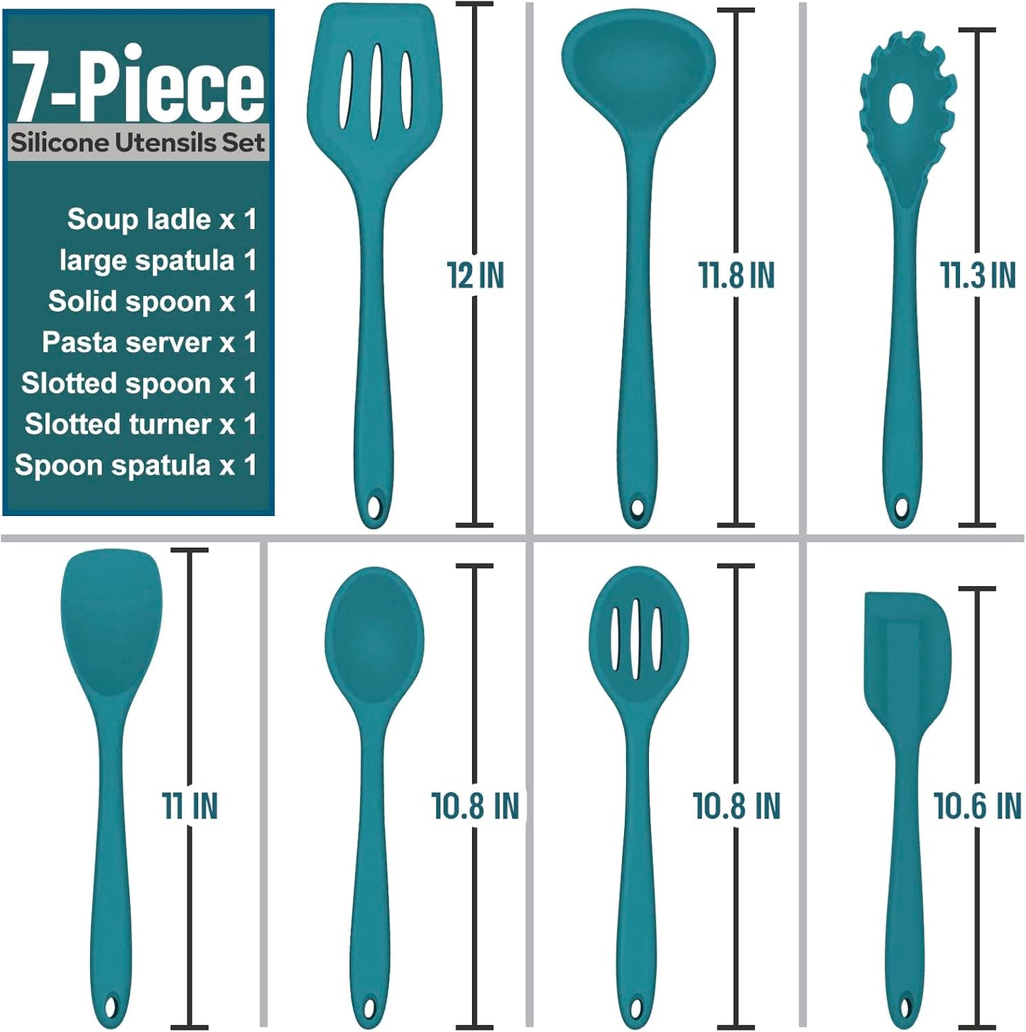E-far Silicone Cooking Utensils Set, 7-Piece Black Heat Resistant Kitchen Utensils Set, Kitchen Nonstick Tools Spatula Ladle Spoon Pasta Server for Non-stick Cookware, Non-Toxic & Dishwasher safe
