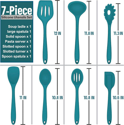 E-far Silicone Cooking Utensils Set, 7-Piece Black Heat Resistant Kitchen Utensils Set, Kitchen Nonstick Tools Spatula Ladle Spoon Pasta Server for Non-stick Cookware, Non-Toxic & Dishwasher safe