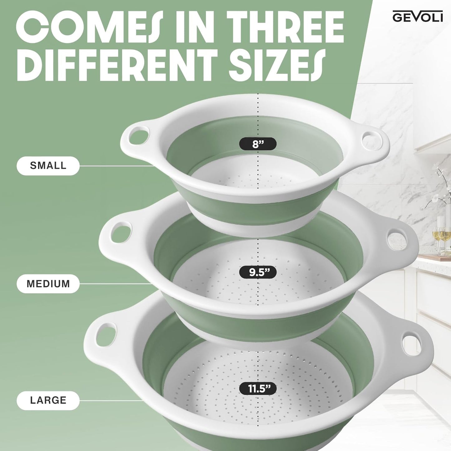 Gevoli 3-Pack Collapsible Colanders with Self-Draining Base, Over Sink-edge Silicone Food Strainers, Small/Med/Large Sizes, Nesting for Easy Compact Storage (3Qt, 4Qt, 5-Quart Set) Green/Gray