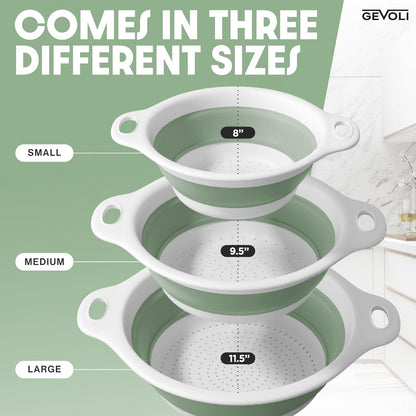 Gevoli 3-Pack Collapsible Colanders with Self-Draining Base, Over Sink-edge Silicone Food Strainers, Small/Med/Large Sizes, Nesting for Easy Compact Storage (3Qt, 4Qt, 5-Quart Set) Green/Gray