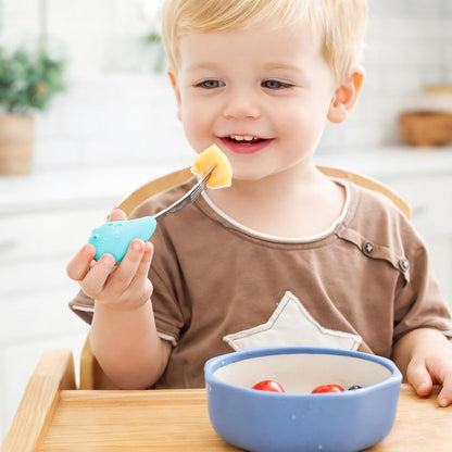 Baby Fork and Spoon Set with Carry Case Baby Training Utensils Self Feeding Toddler Silverware Silicone and Stainless Steel Kids and Toddler Utensil Set-Dinosaur