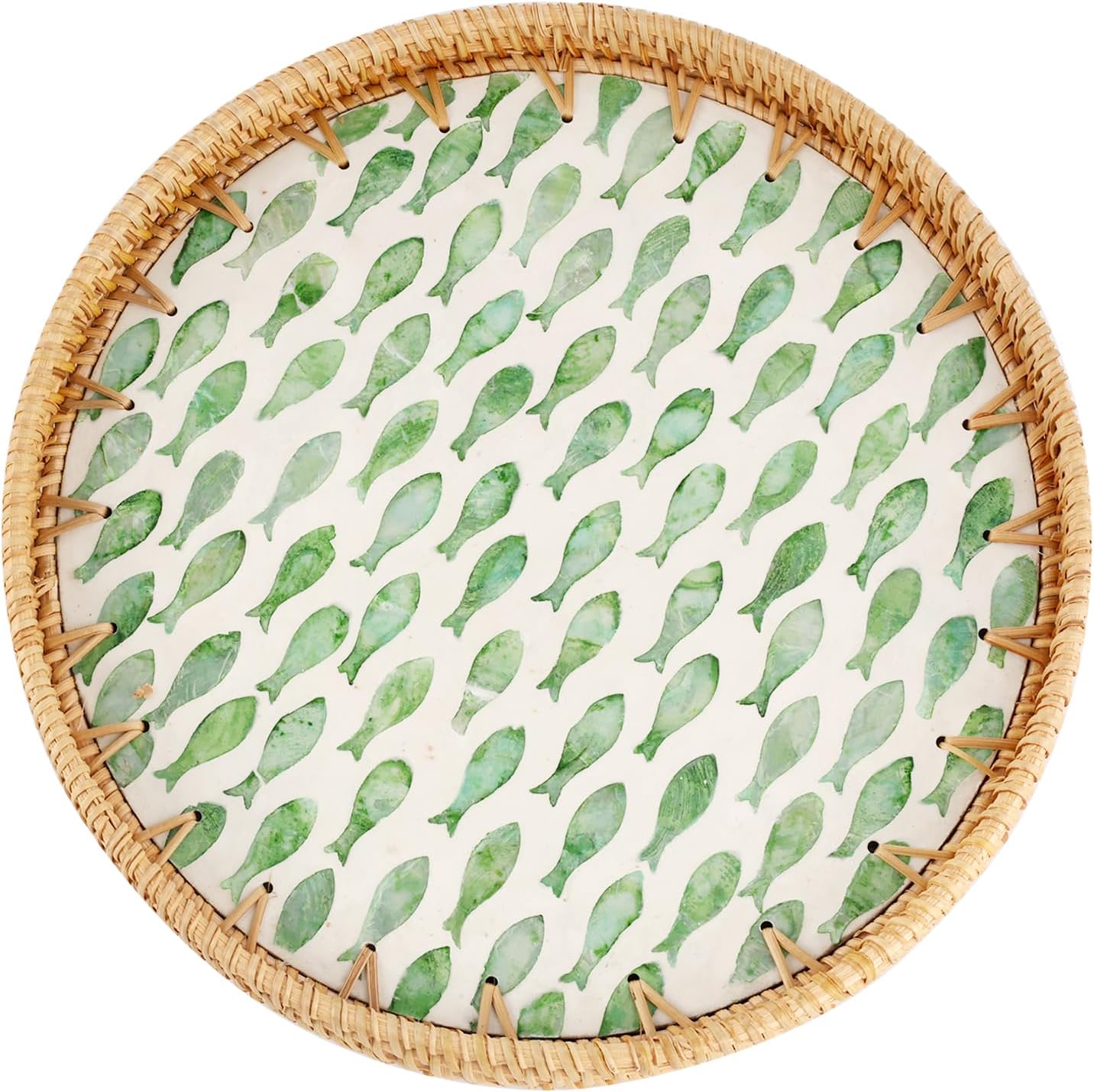 Round Rattan Tray with Mother of Pearl Inlay, Rattan Serving Tray for Coffee, Bread, Fruits, Decorative Wicker Tray for Table Decor, Home Decor, Kitchen Island Decor(Black Checkerboard, 11.8")