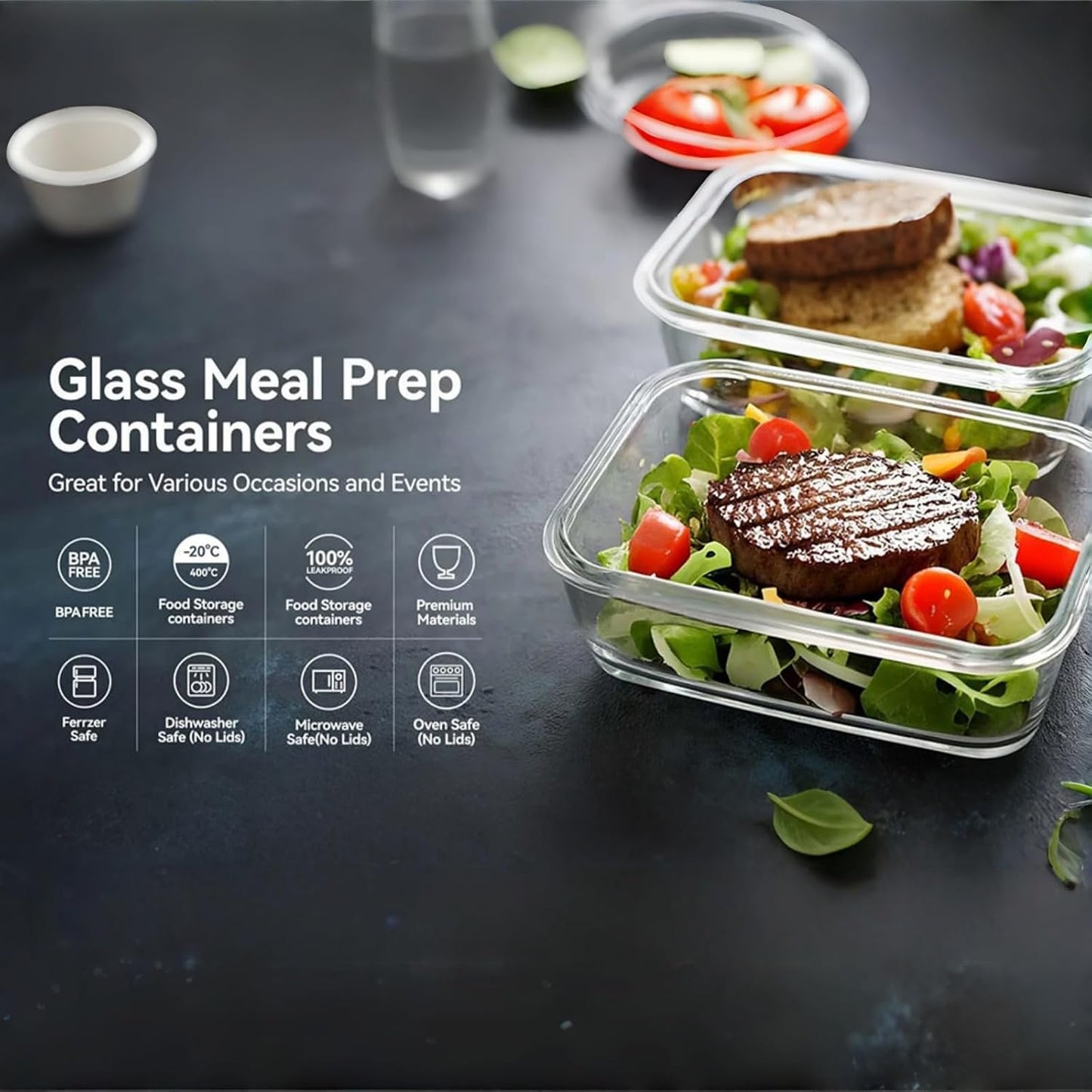 5Pack (32oz-3 Compartments with Lunch Bag) Glass Food Storage Containers with Lids for Kitchen Meal Prep, Fridge Organization, Lunch Box
