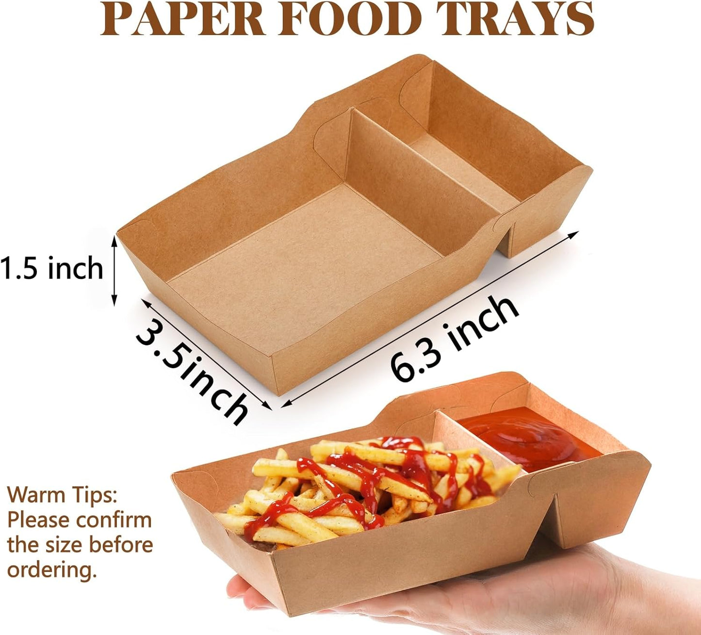 SOUJOY 100 Pack Food Serving Tray, 2 Compartment Disposable Kraft Nacho Boat Tray, Grease Resistant Heavy Duty Paperboard, Take Out Fast Food Snack Holder Container for Party