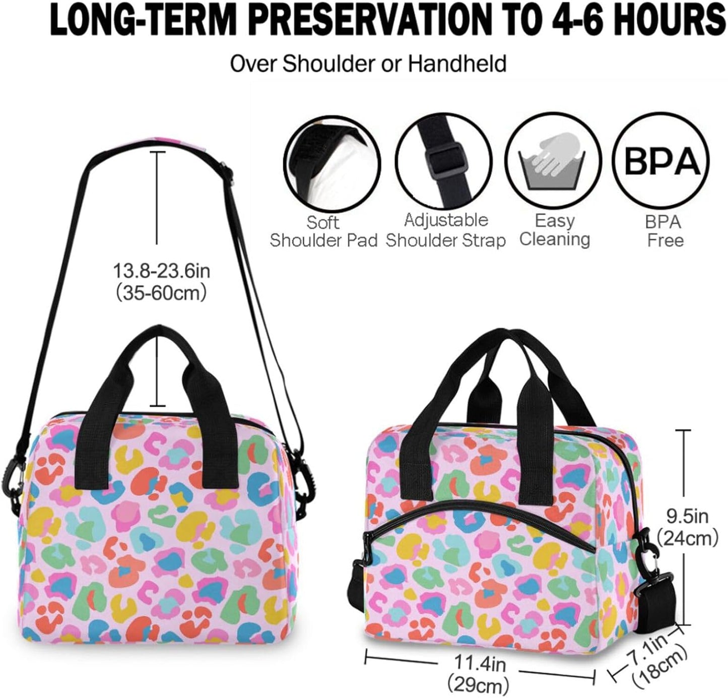 Colorful Leopard Insulated Lunch Bag Rainbow Animals Skin Print Reusable Cooler Lunch Tote Box with Shoulder Strap for Work Picnic School Beach