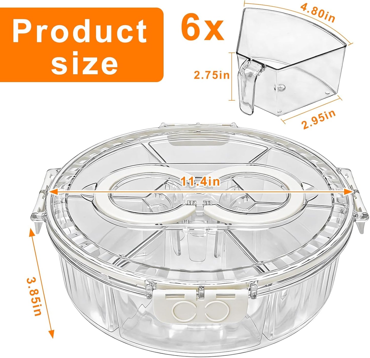 Rotating Divided Serving Tray with Lid & Handle, 6 Compartment Snack Box Container,Portable Snack Organizer for Fruits, Candy, Veggies – Ideal for Kitchen, Party, Travel, Picnic (1 Pack)