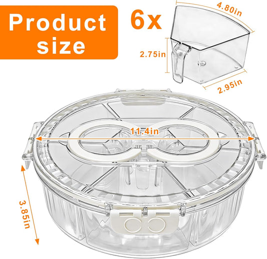 Rotating Divided Serving Tray with Lid & Handle, 6 Compartment Snack Box Container,Portable Snack Organizer for Fruits, Candy, Veggies – Ideal for Kitchen, Party, Travel, Picnic (1 Pack)