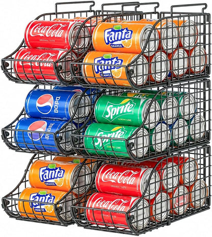 Sonyabecca 4-Pack Stackable Canned Food Organizer with Handles, Soda Can Organizer for Kitchen Pantry Shelves, Foldable Wire Cabinet Shelf for Can Storage, Patent Pending, Black