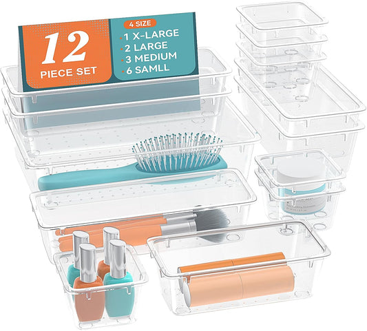 ElegantArray 12 PCS Drawer Organizer Set, 4 Sizes Tool Storage Trays, Clear Plastic Makeup Vanity Organizer and Storage Bins for Makeup, Stationeries, Multiple Gadgets for Bathroom, Office, Bedroom