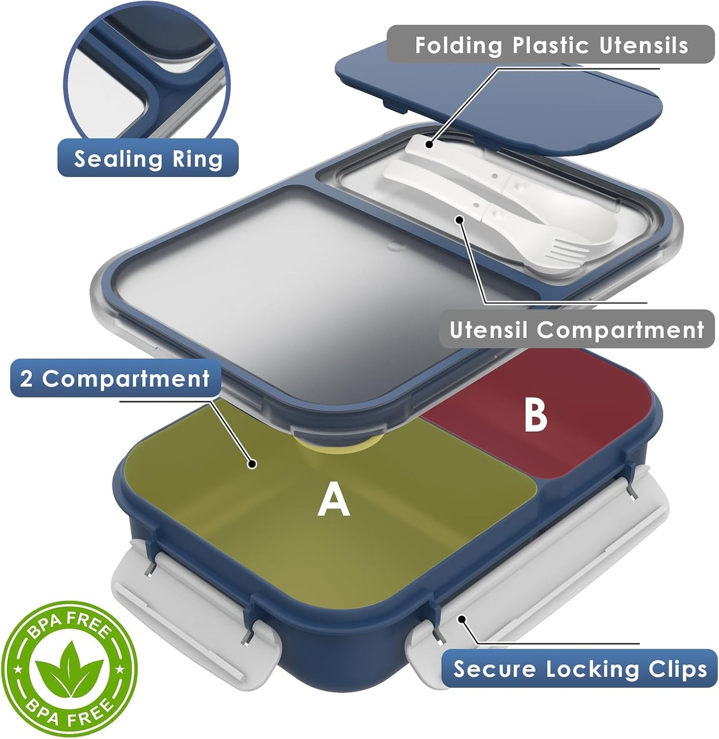 WHALEHOUSE Bento Lunch Box, 1300ML 4 Compartments Meal Prep Container with Utensil, Airtight Food Storage Container with Snap Locking Lids, Microwave/Dishwasher/Freezer Safe, On the Go