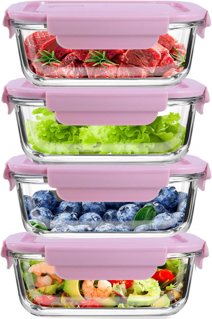 FEOOWV 4Pack 13oz/0.37L Glass Meal Prep Containers with Lids, Glass Storage Containers with Lids, BPA-Free, Pantry Organizers and Storage, Freezer to Oven Safe (Pink)
