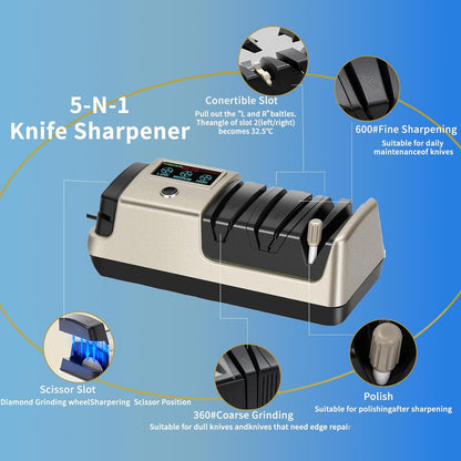 5-in-1 Electric Knife Sharpener for Kitchen Knives-Scissor Sharpener (light gold)