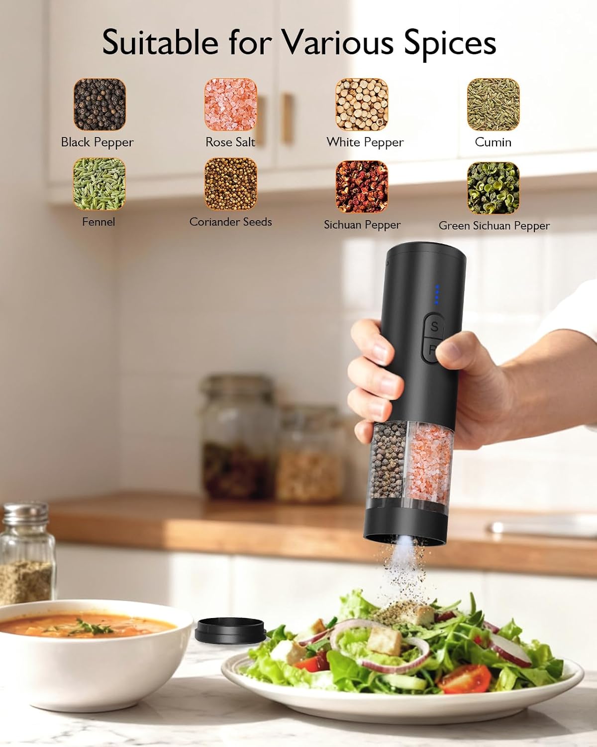 Electric Salt and Pepper Grinder Set, 2 in 1 Dual Bins USB Rechargeable