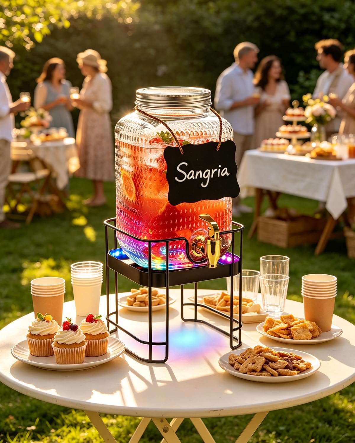 PAROTO Glass Drink Dispensers for Parties, 2 Pack 1 Gallon Each Beverage Dispenser with Stand and LED Strip Light, Juice Lemonade Water Dispenser with Spigot for Wedding, Bar, Picnic, BBQ, Buffet