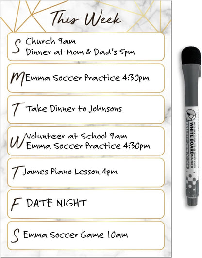 Dry Erase Weekly Calendar Planner Sticker Decal | Removable & Reusable | Magnetic Fine-Tip Marker Included (6 x 9 inches, White)