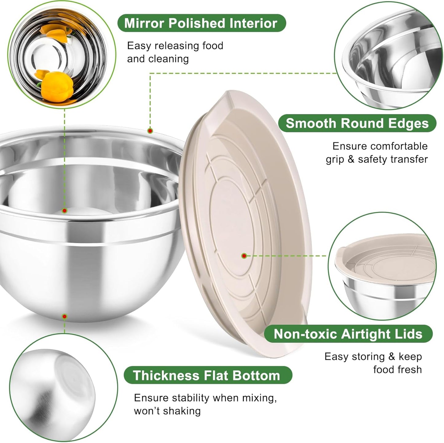 TeamFar Mixing Bowls with Airtight Lids, 5PCS Stainless Steel Metal Salad Bowl with 3 Grater Attachments, for Cooking, Prepping, Serving, Healthy & Easy Clean - 0.7/1/1.5/2.6/4.6QT, Black