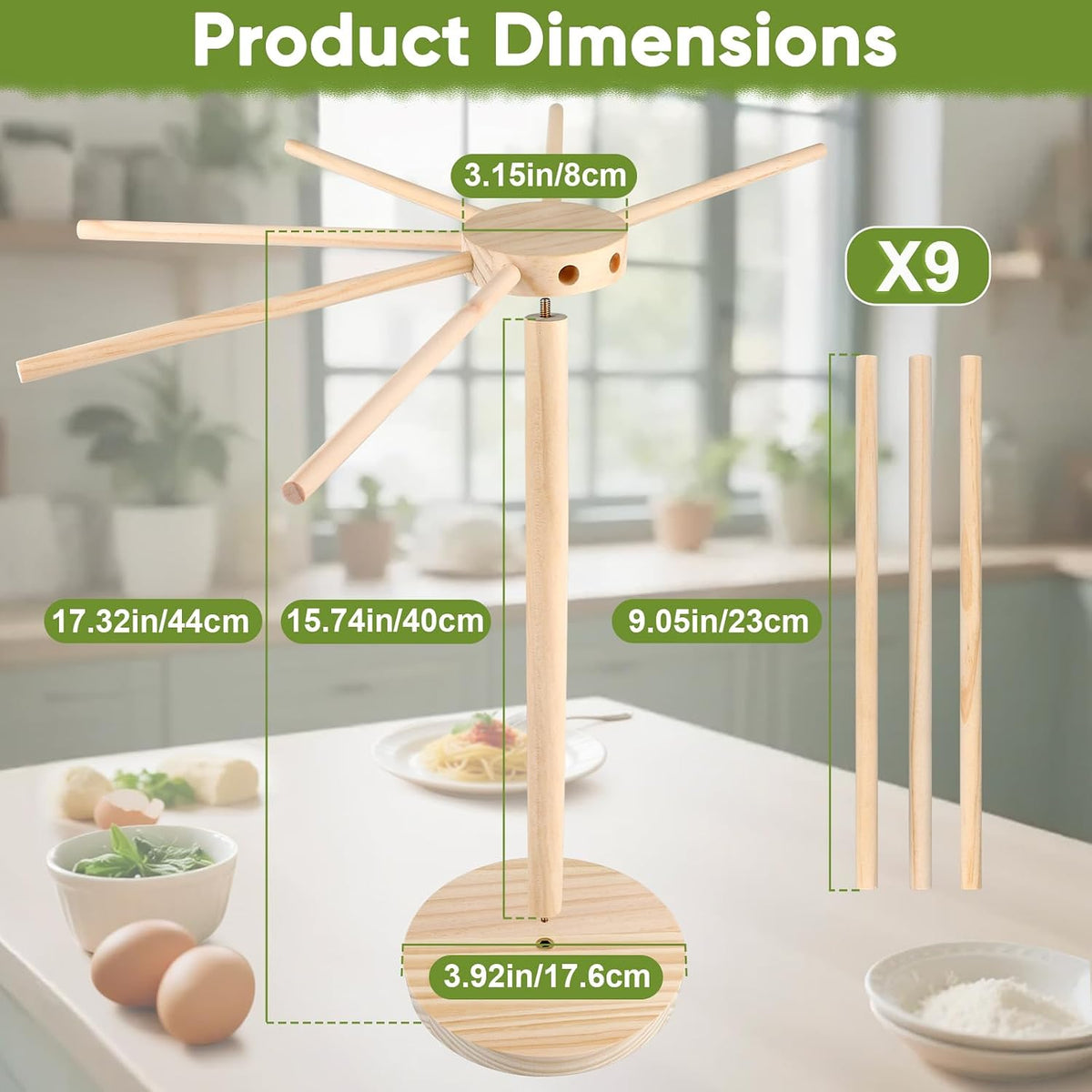 Pasta Drying Rack - 9 Sticks Wooden Pasta Dryer Stand Large