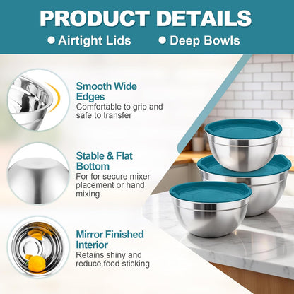 TeamFar Mixing Bowls, Stainless Steel Nesting Salad Bowls with Airtight Lids Set, For Serving/Mixing/Storing, Healthy & Long-lasting, Dishwasher Safe & Easy Clean, 4.6/3 / 1.5 QT, Colorful