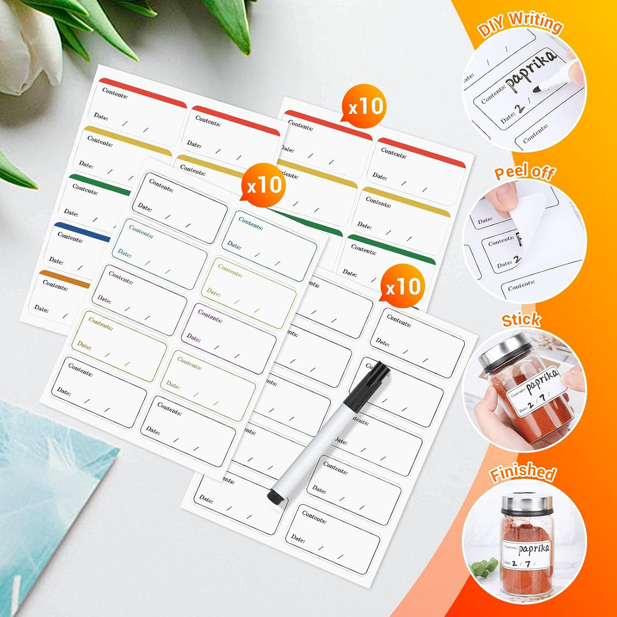 Segarty Food Label Stickers, 300 Pcs Blank Expiration Date Stickers to Write On, with 1 Black Pen, Waterproof Removable Freezer Labels for Glass Spice Jars, Canister, Food Container