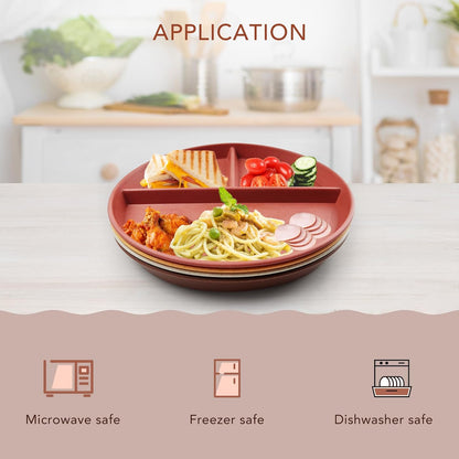 greenandlife 9 Inch 4PCS Portion Control Plates with Lids, Divided Plates for Kids Adults, Dishwasher Microwave Safe Compartment Plate, Unbreakable Lightweight Reusable Wheat Straw Plate, Earth Tone