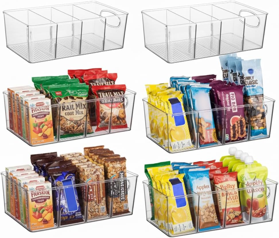 ClearSpace Plastic Pantry Organization and Storage Bins with Removable Dividers – Perfect Kitchen Organization or Kitchen Storage – Refrigerator Organizer Bins, Cabinet Organizers (4 Pack XL)
