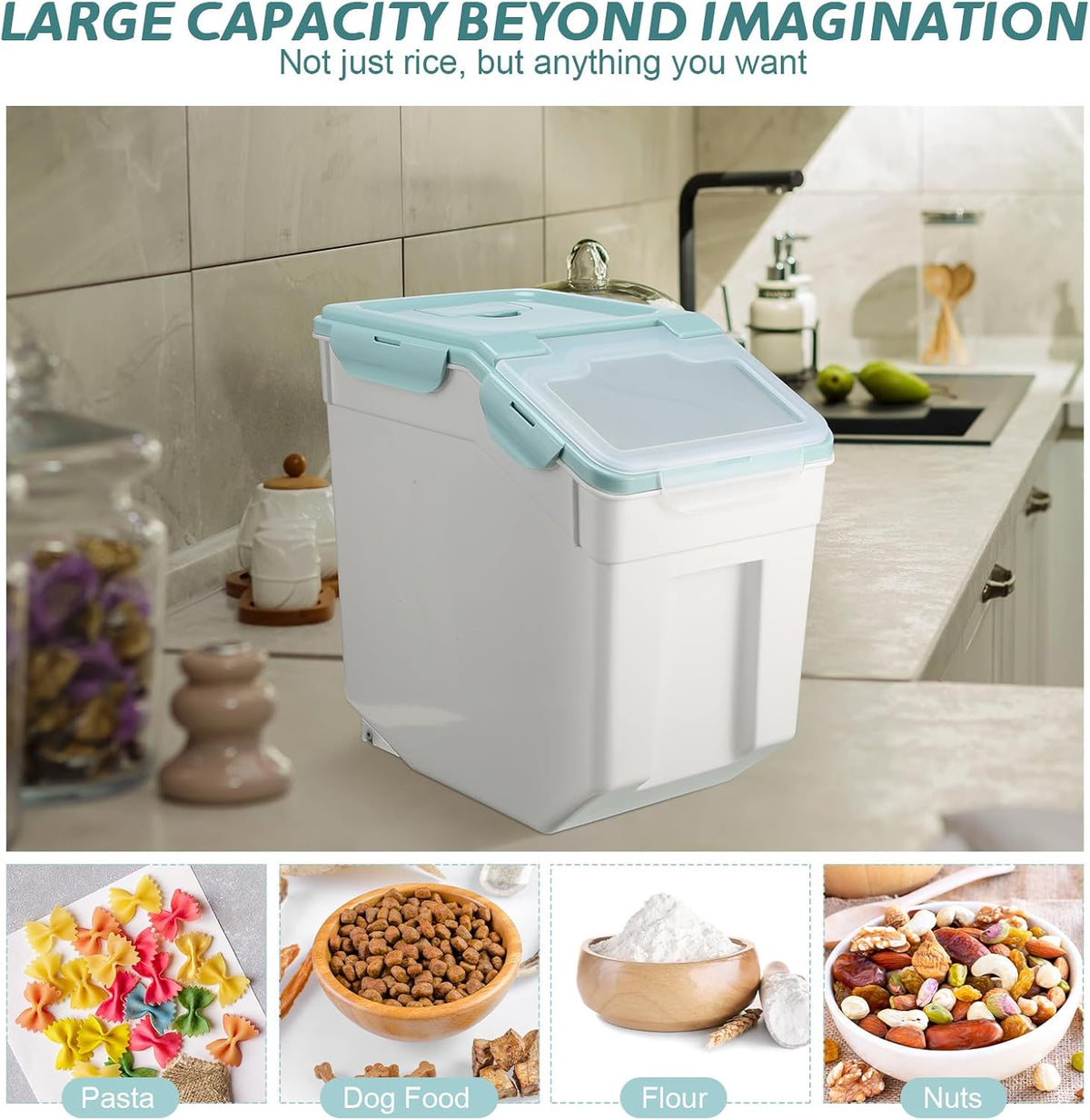 Sunnyray 4 Pcs 55 lbs Grain Rice Storage Container Flour Bin with Wheels Cup Leak Proof Pet Food Storage Boxes Seal Locking Lid Plastic Rice Containers Set for Cereal Flour Cat Dog Food (Green)