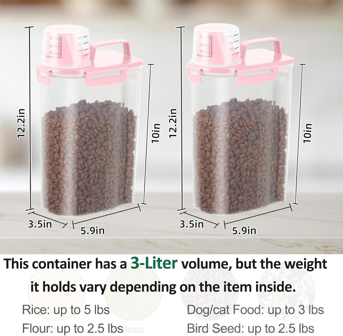 TBMAXS 2 Pack 3 Lbs Dog Cat Food Storage Containers for Travel, Portable Pet Food Storage Container, Easy-Pouring Bird Seed Dispenser, Airtight Rice Cereal Oatmeal Flour Holder -Beige