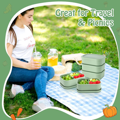 Honeydak 6 Pcs Silicone Bento Box Reusable Silicone Bento Lunch Container for Adults Microwave Dishwasher Freezer Safe 3 Compartment (Light Colors)