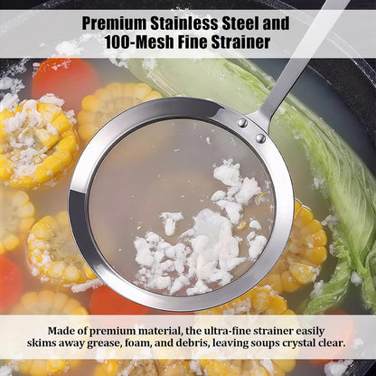 Stainless Steel Fat Skimmer Spoon 4”Multi-Functional Fine Mesh Hot Pot Grease Strainer with 9.4” Heat-Resistant Handle For Frying, Soup, Quinoa, Miso