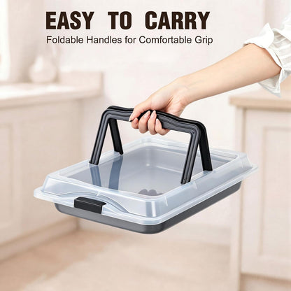 Qinyoung 1 Pcs Cake Baking Pan with Lid and Handle, 9 x 13 Inch Non-stick Rectangle Sheet Cake Pan Carrier for Brownie Roasting Cooking Baking (Black)
