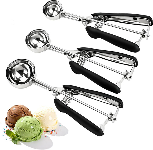 Cookie Scoop Set, Cookie Scoops for Baking Set of 3, Small/Medium/Large Cookie Dough Scoop, 1/2/3 Tbsp Cookie Scoop with Trigger, 18/8 Stainless Steel, Non-Slip