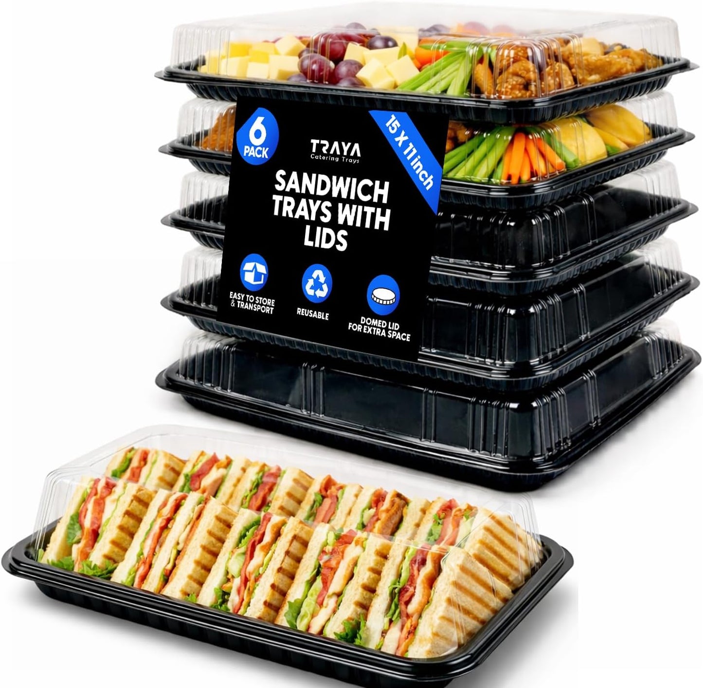 TRAYA Pack of 10 Serving Tray with lid - Reusable Catering Trays with Lids 13inch Long for Meal Prep, Cakes, Treats and Sandwiches (15.35 × 11.42 × 2.95inch)