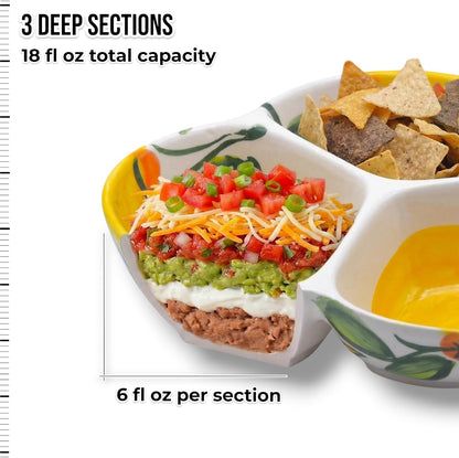 Ceramic Chip & Dip Bowl 7.5”, 3-Compartment Divided Serving Dish & Condiment Tray for Appetizers – Handmade in Spain, Lead-Free Glaze, Microwave, Oven & Dishwasher Safe