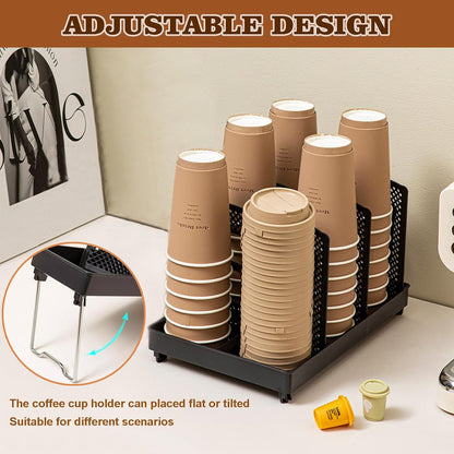 Tirifer Cup and Lid Holder, Disposable Paper Cup Dispenser with Stand, 6 Slots Coffee Cup and Lid Storage Organizer for Coffee Station Bar Office Home Countertop Breakroom Restaurant