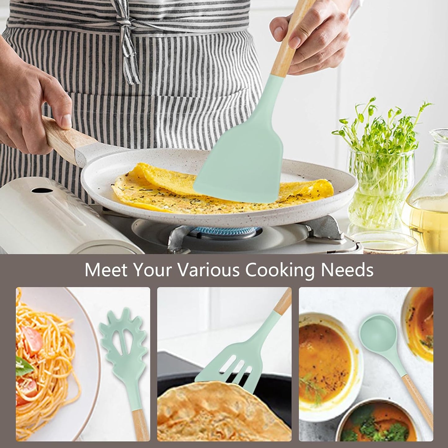 Non-Stick Silicone Cooking Utensils Set, 5 Pcs with Wooden Handle, Heat Resistant Silicone Kitchen Gadgets (Black)