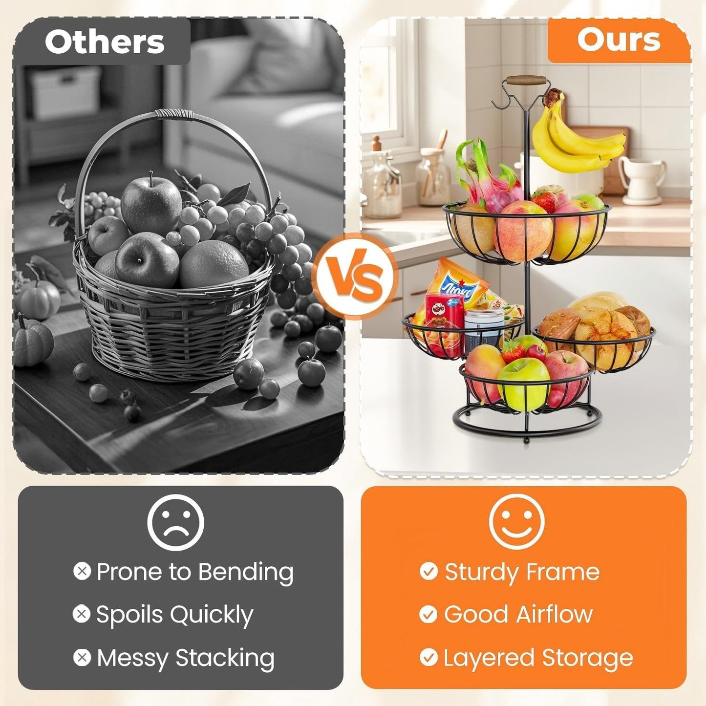 PouHenier.jh 3 Tier Rotating Fruit Basket Bowl, Kitchen Counter Wire Produce Organizer Holder, Stable Vegetable Storage Stand with 2 Banana Hangers, Countertop Tiered Veggie Rack, Easy Setup, Black