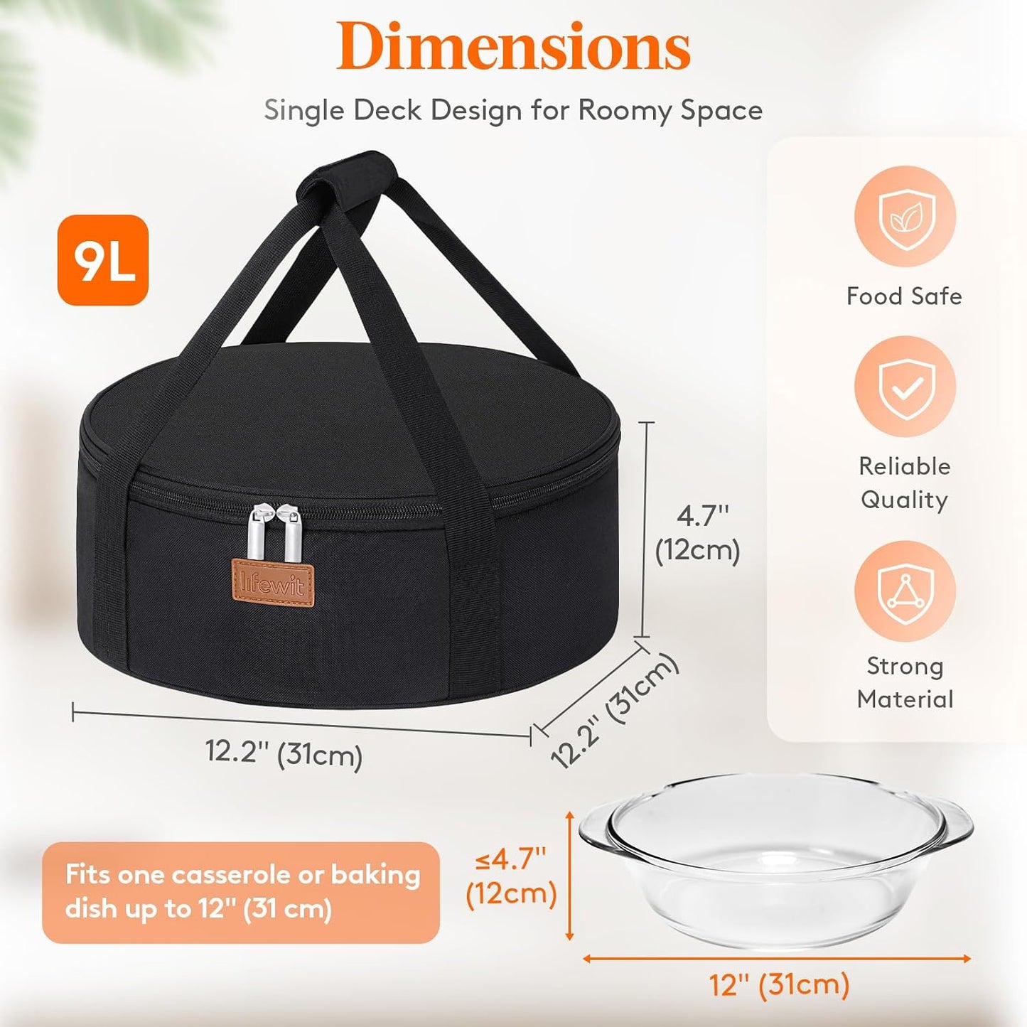 Lifewit Insulated Single Decker Round Casserole Carrier, Portable Pie Carrier Bag for Hot or Cold Food, Fits 12.5" Baking Dish, Thermal Lunch Tote for Potluck Parties, Picnic and Cookouts, Grey