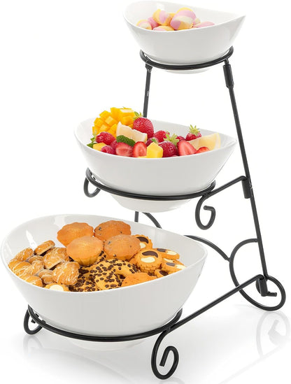 Covzoe 3 Tiered Serving Bowl Stand, Ceramic Chip and Dip Serving Dishes with Collapsible Metal Rack, Appetizer Serving Platters Food Display Stand for Fruit Dessert Parties Entertaining