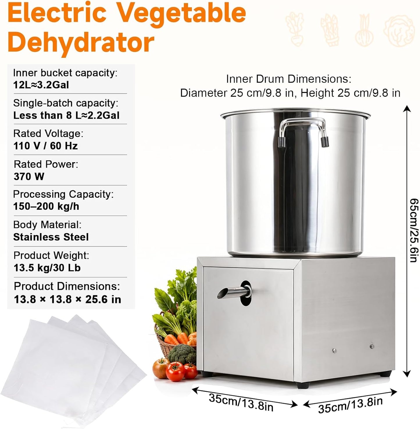 JIAWANSHUN Electric Commercial Salad Spinner Large Inner Capacity 12L(8kg Vegetable), 110V Stainless Steel Lettuce Spinner Vegetable Dryer for Canteens Hotels and Restaurants, One Key Switch