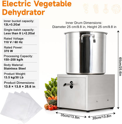 JIAWANSHUN Electric Commercial Salad Spinner Large Inner Capacity 12L(8kg Vegetable), 110V Stainless Steel Lettuce Spinner Vegetable Dryer for Canteens Hotels and Restaurants, One Key Switch